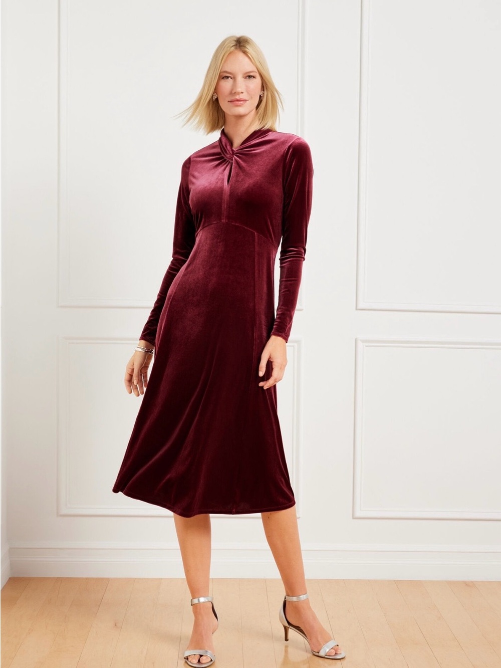 Talbots Petite Velvet Twisted Mock Neck Midi Dress 14P